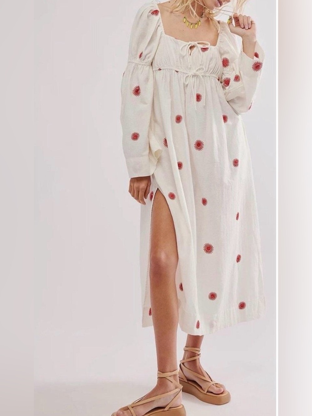 Free People Cream Maxi Dress with Red Sunburst Embroidery nwot size s